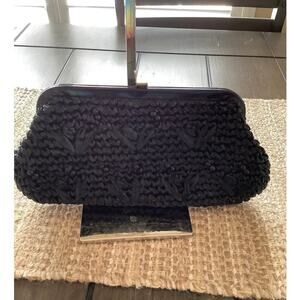 No Brand Women's Black Vintage Beaded Raffia Clutch Handbag